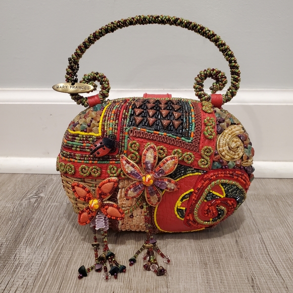 Mary Frances Handbags - Mary Frances Ladybug Flowers Beaded Red Bag